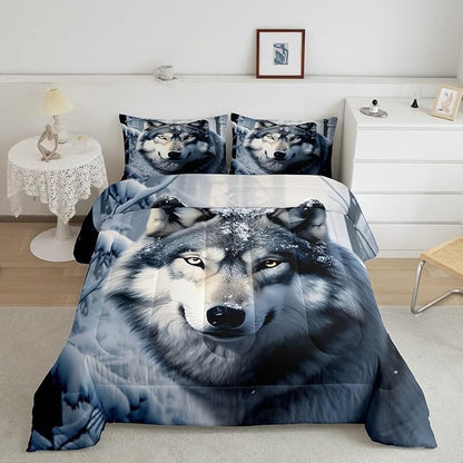 Castle Fairy Wolf Comforter Set Twin Size,Nature Wild Animals Quilt Set 2pcs,3D Print Winter Snow View Bedding Set for Kids Teens Adults Home Decor,White Black Microfiber with 1 Pillowcase