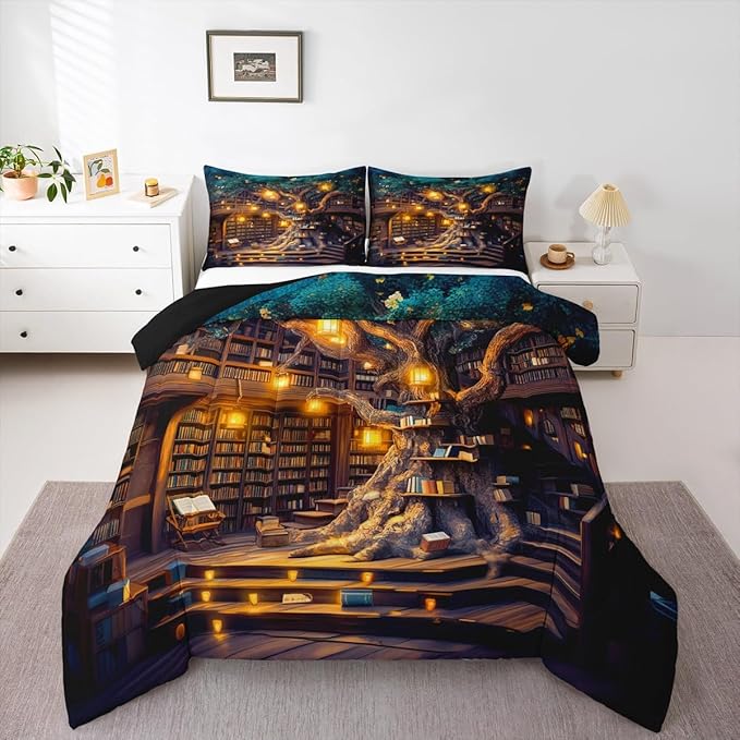 Mysterious Bookshelf Twin Size Comforter Set,Trees and Books Duvet Set Soft Bed Collection,Fantasy Fairy Tale Style Bedding Comforter for Boys Girls Bedroom,2 Pcs