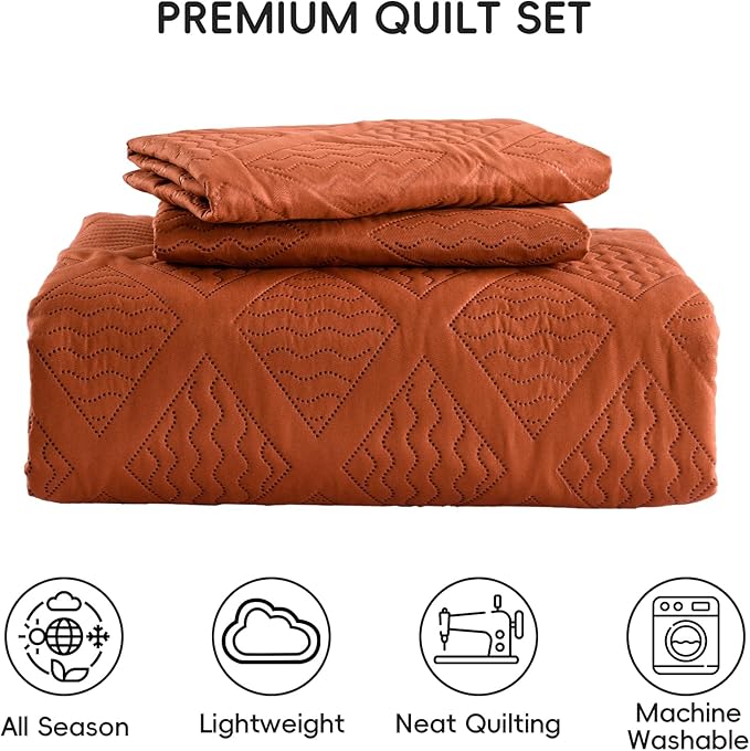 Yiran Burnt Orange Fall Quilt Set King Size Bedding Set Lightweight Bedspreads 3 Piece Soft Microfiber Terracotta Diamond Pattern Bed Coverlet for All Season with 2 Pillow Shams (106x96 Inch)