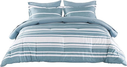 Bedsure Queen Comforter Set 7 Pieces, Grey Blue Striped Bedding Set for All Seasons, Reversible, Cationic Dyeing Bed in a Bag with Comforter, Sheets, Pillowcases & Shams