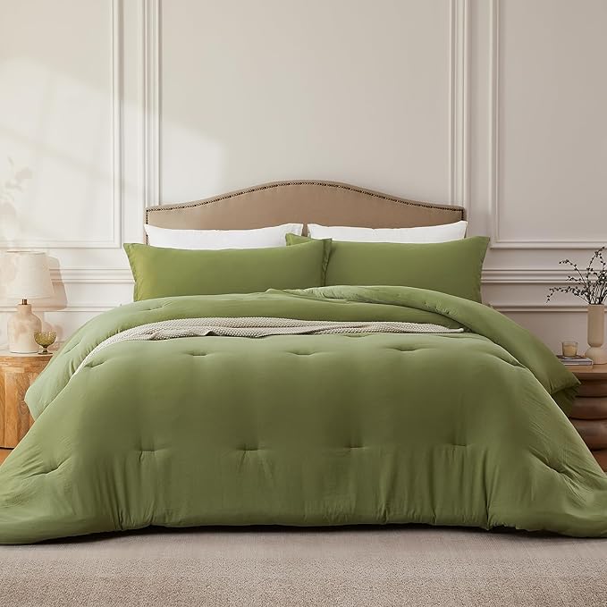 Full Comforter Sets OliveGreen,3PCS Soft Lightweight Breathable Bedding Comforter Sets for All Season, Full Size(82''×86'' Comforter & 2 Pillowcases)