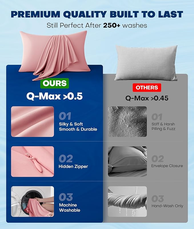 Ultra-Chill Cooling Pillowcase Set of 2 for Hot Sleepers, Softer Than Silk Pillow Cases for Protecting Hair & Skin, Breathable Bed Pillow Covers w/Zipper, Gifts for Women Men (Pink, Queen)
