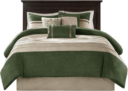 Madison Park Cozy Comforter Set-Luxury Faux Suede Design, Striped Accent, All Season Down Alternative Bedding, Matching Shams, Decorative Pillow, Green, California King (104 in x 92 in)