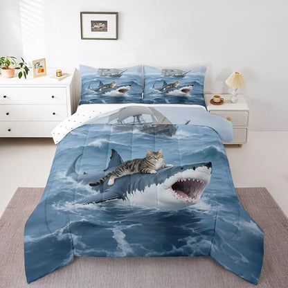 Erosebridal Kitten Comforter Set Toddler Size Shark Bedding Set for Kids Girls Boys Safari Sea Waves Nautical Ocean Ship Blue White Comforter Warm Soft Quilt Insert