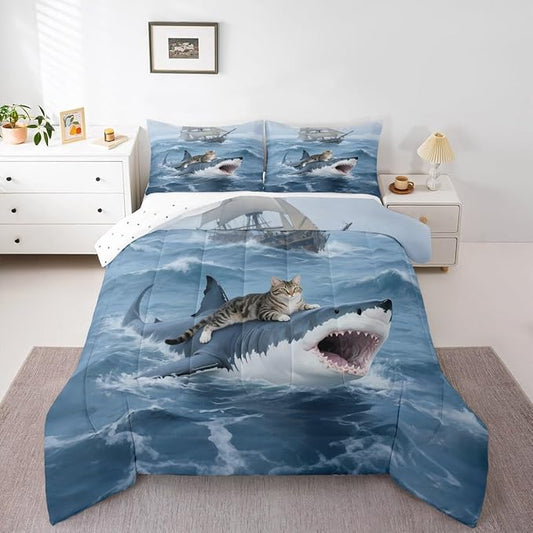Erosebridal Kitten Comforter Set Queen Size Shark Bedding Set for Kids Girls Boys Safari Sea Waves Nautical Ocean Ship Blue White Comforter Warm Soft Quilt Insert