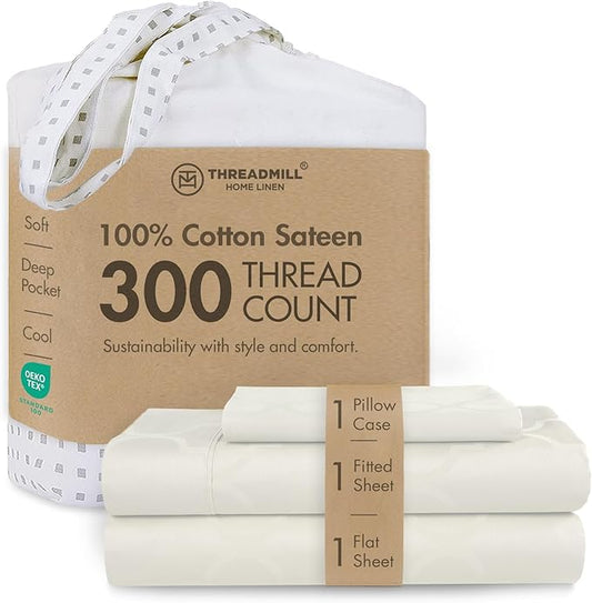 Threadmill Cotton Twin XL Sheet Set | 100% Cotton Sheets for Twin XL Size Bed | Damask Jacquard Sateen Twin XL Bed Sheets Set with 16” Deep Pocket | Soft Breathable 3-Piece Cooling Sheet Set | Ivory