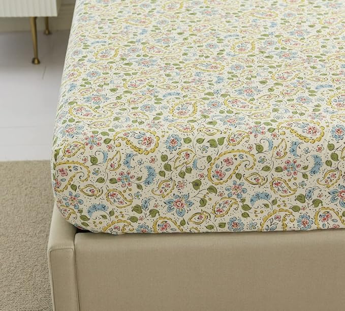 DAUAOTO Cotton Sheets Set California King Printed Bedding Sets, Farmhouse Paisley Pattern Bedlinen for Cal King Bed Up to 14" Deep Mattress Yellow