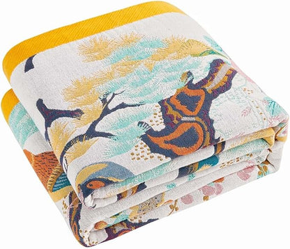 Fall Throw Blanket for Couch, Yellow Boho Decorative Throw Blanket, 100% Cotton Muslin Breathable Woven Farmhouse Blankets Quilt, 80"x90" Reversible Lightweight Blankets Bohemian Throw Quilt