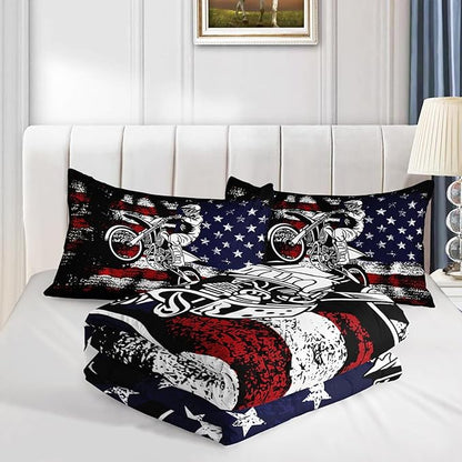 Axolotl Dirt Bike Comforter Set Twin, American Flag Bedding Set, Motocross Comforter,White Red Stripes Stars Bedding, Motorcycle Racer Quilt for Boys Kids Teens Men, 1 Dirt Bike Quilt 2 Pillowcases