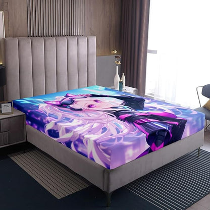 Erosebridal Girls Japanese Anime Fitted Sheet Full, Kawaii Anime Girl Bed Sheets Cartoon Girl Bedding Set for Kids Teens Adult Women, Japanese Animation Sci Fi Style Sheets,Blue Purple