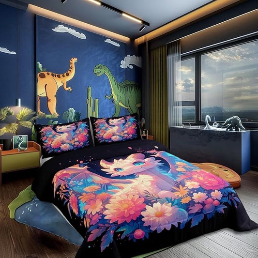 Castle Fairy Cute Wildlife Western Animals Comforter Set with 2 Pillowcases,Watercolor Flower Super Soft Microfiber Bedding Set for Adults Teens,Dragon Duvet Set for Room Decor,King