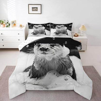 Erosebridal Marine Animal Comforter Set Twin Size Sea Otter Bedding Set for Kids Boys Girls Kawaii Shower Bubbles White Beige Black Comforter Warm Soft Quilt Insert