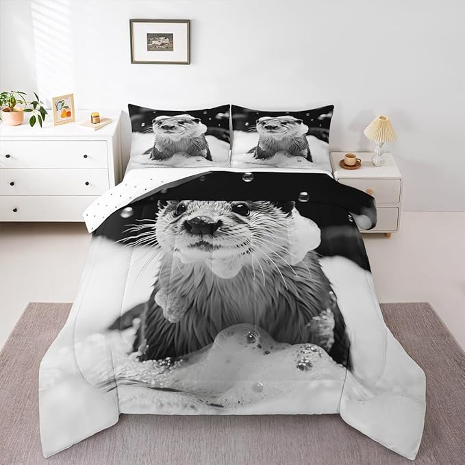 Erosebridal Marine Animal Comforter Set Full Size Sea Otter Bedding Set for Kids Boys Girls Kawaii Shower Bubbles White Beige Black Comforter Warm Soft Quilt Insert