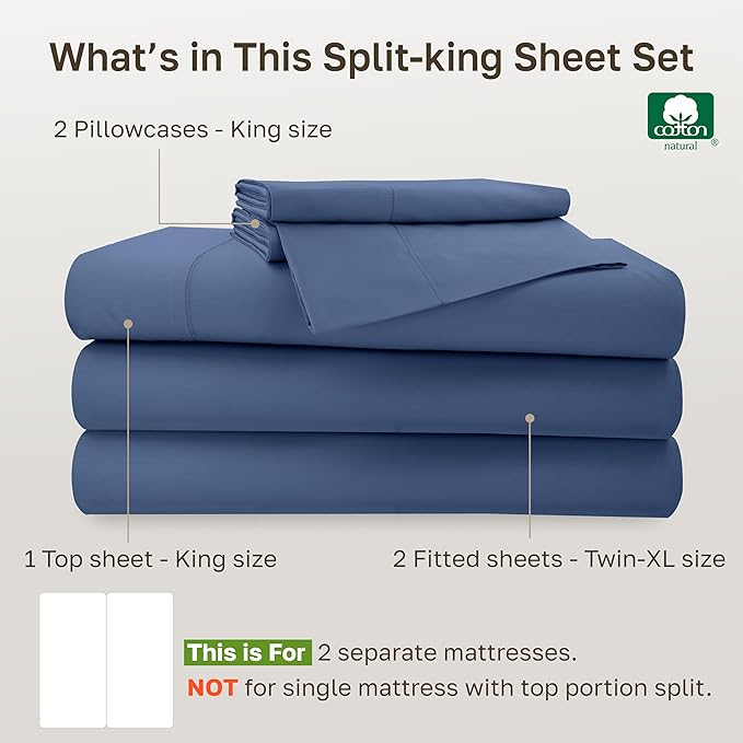 California Design Den Luxury Split King Adjustable Bedsheets Set, Soft 100% Cotton, 500 Thread Count Sateen, Snug Fit, Includes Twin-XL Fitted Sheets (Split King, Navy Blue)