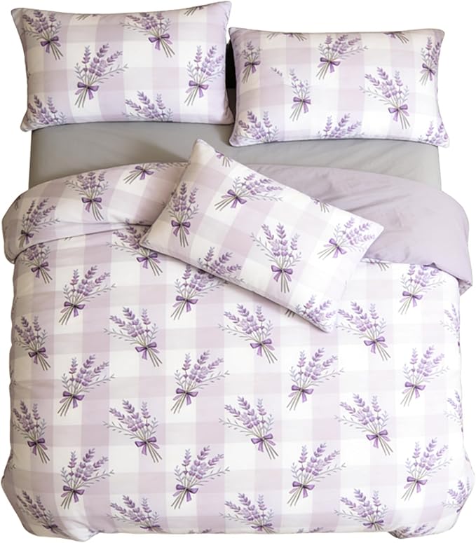 Gingham Twin Size Comforter Set for Girls Purple Lavender Bedding 2Pcs Boho Plaid Checkered Pattern Quilted Comforter with 1 Pillowcase, 68"x86"