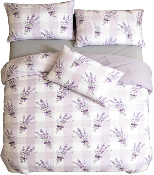 Gingham Twin Size Comforter Set for Girls Purple Lavender Bedding 2Pcs Boho Plaid Checkered Pattern Quilted Comforter with 1 Pillowcase, 68"x86"