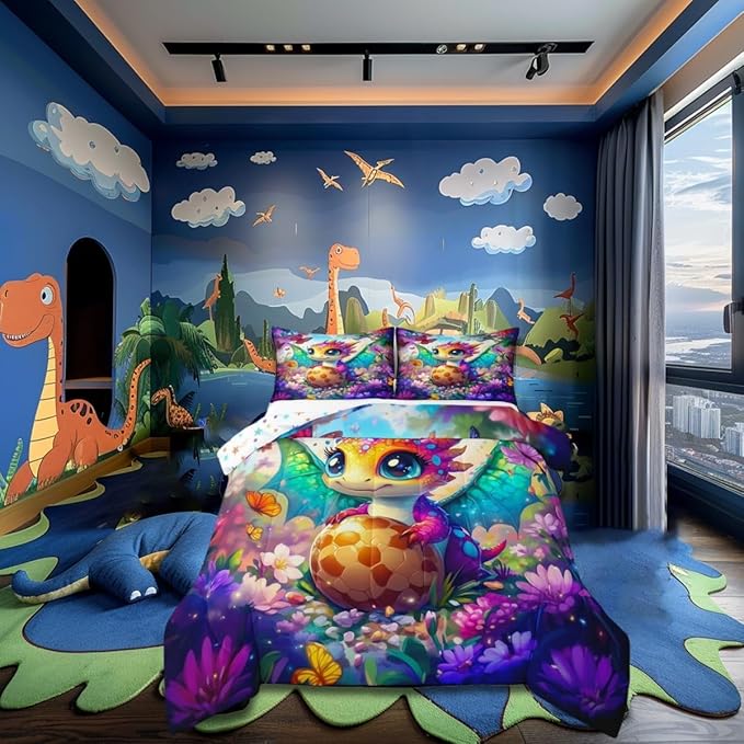 Castle Fairy Watercolor Flowers Butterfly Bedding Set for Boys Girls,Baby Dragon Eggs All Season Cozy Comforter Set Full Size,Cartoon Dragon Duvet Set Bedroom Decor,Personalized Birthday Gifts