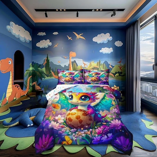 Castle Fairy Watercolor Flowers Butterfly Bedding Set for Boys Girls,Baby Dragon Eggs All Season Cozy Comforter Set Full Size,Cartoon Dragon Duvet Set Bedroom Decor,Personalized Birthday Gifts