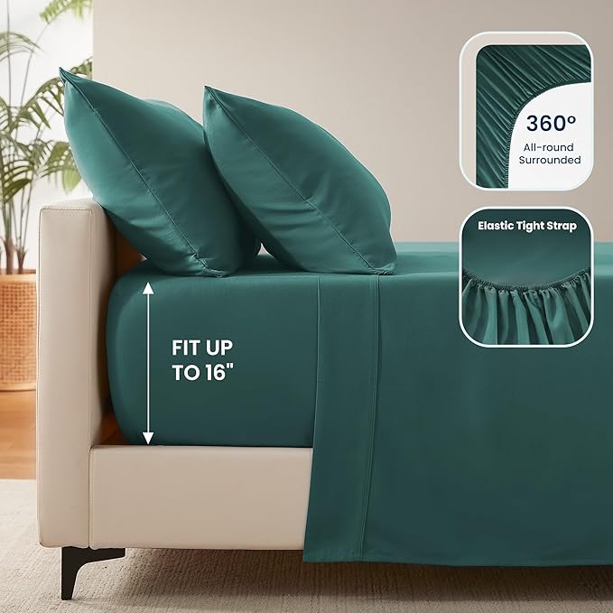 SLEEP ZONE Nanotex Super Soft Cooling Queen Bed Sheets Set 4 Piece - Easy Care Fitted Flat Sheet & Pillowcase Sets - Wrinkle Free, Fade Resistant, Deep Pocket 16" (Teal, Queen)