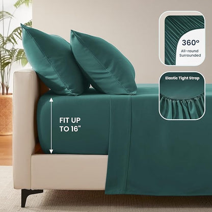SLEEP ZONE Nanotex Super Soft Cooling Full Size Bed Sheets Set 4 Piece - Easy Care Fitted Flat Sheet & Pillowcase Sets - Wrinkle Free, Fade Resistant, Deep Pocket 16" (Teal, Full)
