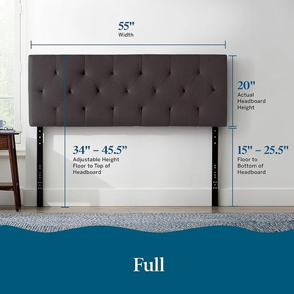 Lucid Mid-Rise Upholstered Headboard - Diamond Tufted - Padded Polyester - Adjustable Height from 34” to 46” - Easy Assembly - Bed Frame or Wall Mount - Sturdy - Charcoal - Full / Full XL Size