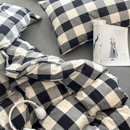 FACE TWO FACE Bedding Duvet Cover Set100% Washed Cotton Duvet Cover Linen Like Textured Breathable Durable Soft Comfy (Twin, Black and White Grid)