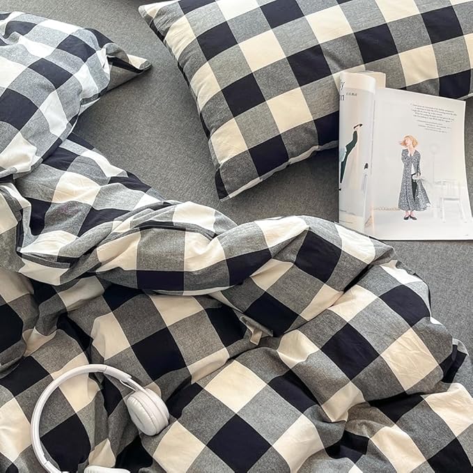 FACE TWO FACE Bedding Duvet Cover Set100% Washed Cotton Duvet Cover Linen Like Textured Breathable Durable Soft Comfy (King, Black and White Grid)
