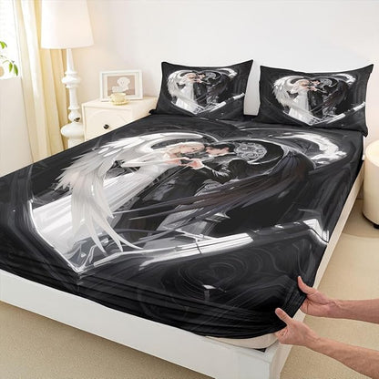 Erosebridal Angel Wings Sheets for Boys Girls Black and White Angel Fitted Sheet,Romance Love Kids Bedding Sets Princess Fairy Style Bed Sets Queen 3 Piece