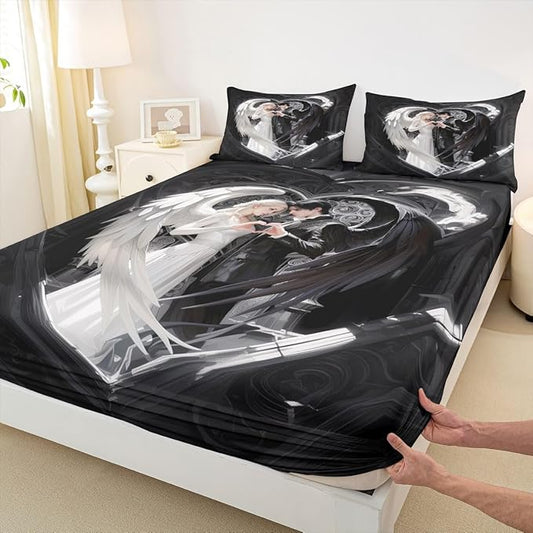 Erosebridal Angel Wings Sheets for Boys Girls Black and White Angel Fitted Sheet,Romance Love Kids Bedding Sets Princess Fairy Style Bed Sets Queen 3 Piece