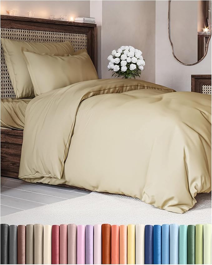 Duvet Cover Twin/Twin XL Size Set - Extra Soft Twin/Twin XL Duvet Cover 68" x 90" with 1 Pillow Sham - Hotel Luxury, Easy Care, Fade Free w/ Zipper Closures & Ties - Comfy, Cozy & Breathable (Beige)