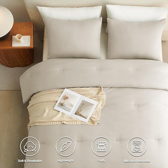 CozyLux Full Size Comforter Set Oatmeal, 3 Pieces Solid Breathable Quilted Bedding Sets, Luxury Lightweight Soft Bed Set with Down Alternative Comforter and 2 Pillowcases for All Seasons