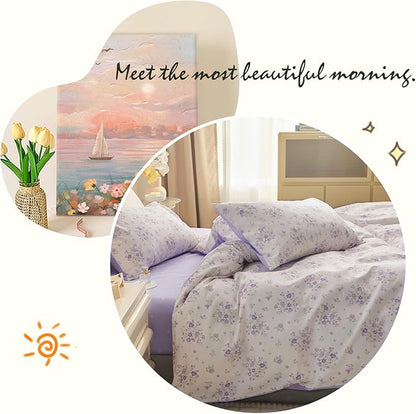 VM VOUGEMARKET Purple Flower Duvet Cover Set Twin Cotton 3 Pcs Girls White Lavender Comforter Cover with Zipper Closure,Romantic Duvet Cover + 2 Pillowcases for Spring