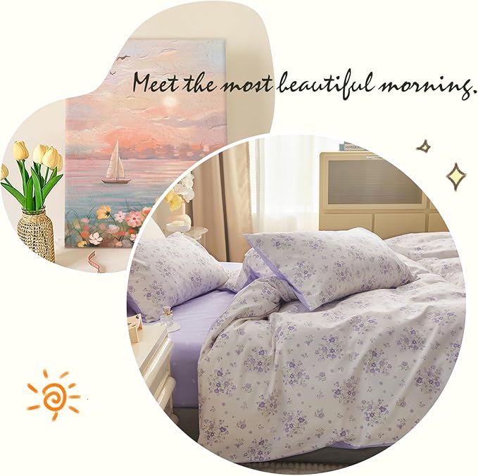 VM VOUGEMARKET Girls Duvet Cover with Purple Flower 100% Cotton Elegant Lavender Floral Bedding Set Queen Cottagecore Comforter Cover Set