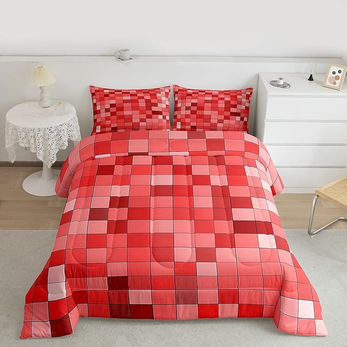 Pixelated Comforter Set King Size,Patchwork Grid Video Games Kids Bedding Set,Miners Lattice Simple Quilt Comforter,Red Duvet Insert,2 Pillowcases