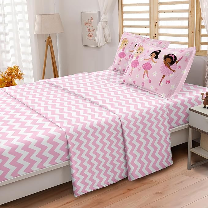 Full Bedding Set for Girls Kids 5 Pieces Comforter Sets Bed in a Bag Pink Floral Ballerina Bedding Comforter Sheet Set Cute Bedroom Decor