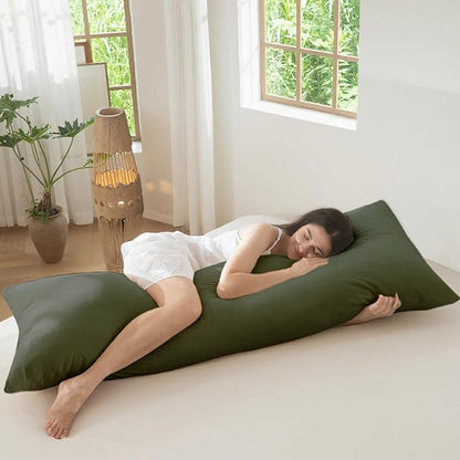 MooMee Body Pillow Cover Pillowcase with Zipper 100% Washed Cotton Linen Like Textured Breathable Durable Soft Comfy (Olive Green, 21”x54”, 1PC)