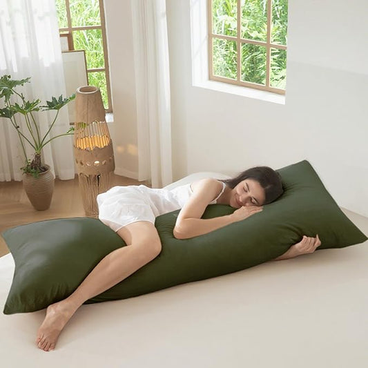 MooMee Body Pillow Cover Pillowcase with Zipper 100% Washed Cotton Linen Like Textured Breathable Durable Soft Comfy (Olive Green, 21”x54”, 1PC)