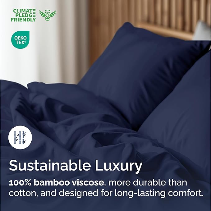 Bed Sheets Twin Size - Cooling Sheets for Twin - 100% Rayon Derived from Bamboo - Soft, Breathable & Hotel Luxury Bedding - 1 Flat & 1 Fitted and 2 Pillowcases w/ 16 Inch Deep Pockets - Navy Blue