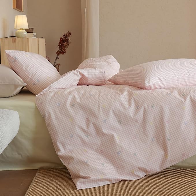 Pink Gingham King Bed Comforter Set Bow Plaid Bedding Set Light Weight Down Alternative Fluffy Cotton Bedding Comforter Sets for Girls Boho Country Cute Bed Comforter with 2 Pillowcases
