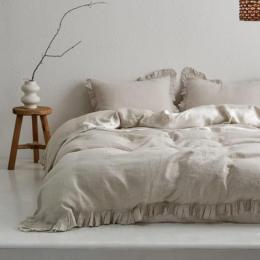 Simple&Opulence 100% Linen Duvet Cover Set, 3 PCS Natural French Flax Ruffle Duvet Cover Full Size, Breathable Comfy Linen Bedding Comforter Cover with 2 Pillowcases (Natural Linen, 78"X 86")