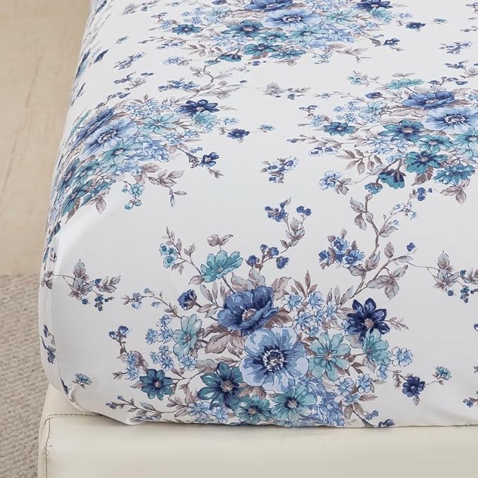 DAUAOTO King Size Printed Sheets Set, 100% Cotton Bedding Sets, Up to 14" Deep Mattress, Floral Pattern Bedlinen Set, French Blue