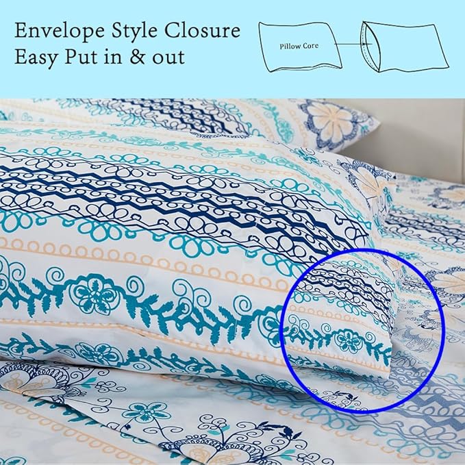 JSD Blue Boho Printed Sheet Set Queen Size, 4 Piece Soft Floral Microfiber Sheets Extra Deep Pocket