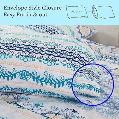 JSD Blue Boho Printed Sheet Set Queen Size, 4 Piece Soft Floral Microfiber Sheets Extra Deep Pocket
