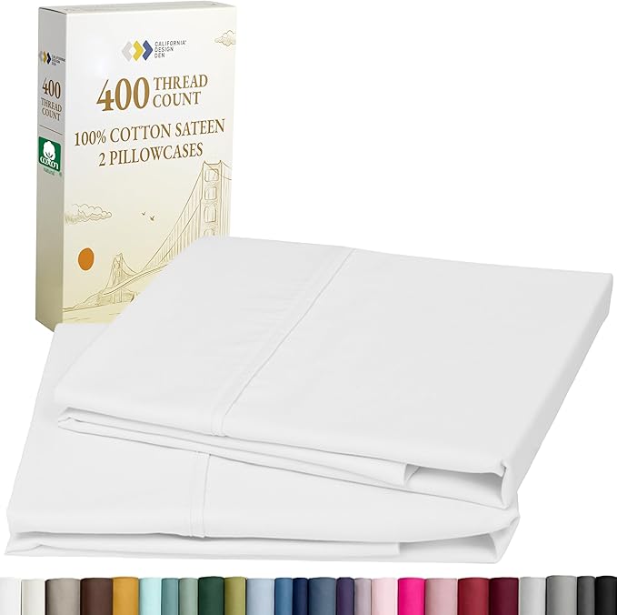 California Design Den King Size Pillowcase Set - 400 Thread Count, 100% Cotton Sateen, Set of 2 Pillow Covers, Soft and Breathable - Antique White