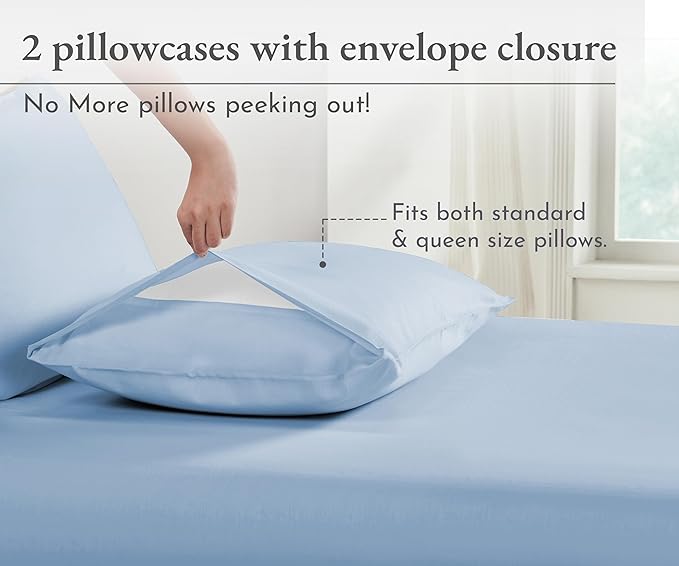 California Design Den Soft 100% Organic Cotton Pillow Cases Queen Size Set of 2 - Crisp and Breathable Percale, Durable Pillowcases Standard/Queen with Envelope Closure - Light Blue