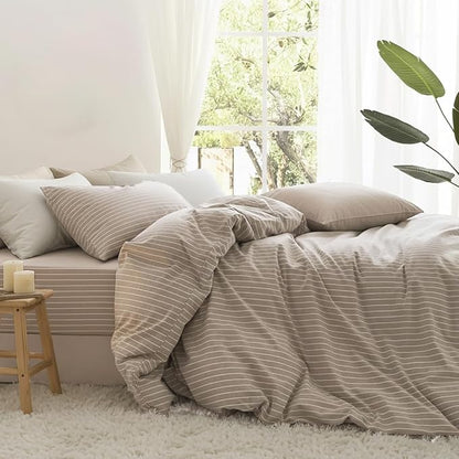 Nayoroom Brown Striped Duvet Cover Queen Size 100% Washed Cotton White Pinstripe Duvet Cover 3 Pieces Soft Breathable Girls Dorm Bedding Set for All Seasons, Yarn Dyed Process