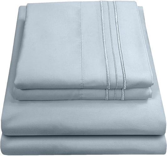 1800 Supreme Collection - Breathable Luxury Full Size Sheet Set with Full Elastic & Secure Corner Straps Built In, Extra Soft Deep Pocket Bedding, Misty Blue