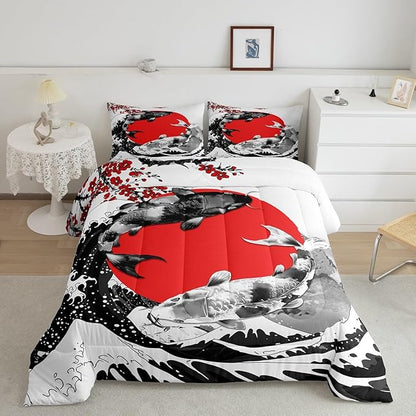 Mount Fuji Quilt Japanese Style Koi Fish Duvet Insert Ukiyo-E Theme Comforter Set Mountain Cherry Blossom Red Sun Ink Painting Down Comforter 3 Pieces with 2 Pillow Cases, King Size Black White