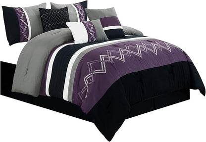 Chezmoi Collection Arden 7-Piece Modern Pleated Stripe Embroidered Zigzag Bedding Comforter Set (King, Purple/Black/Gray/White)