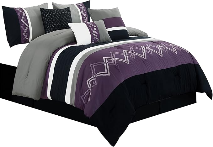 Chezmoi Collection Arden 7-Piece Modern Pleated Stripe Embroidered Zigzag Bedding Comforter Set (Queen, Purple/Black/Gray/White)